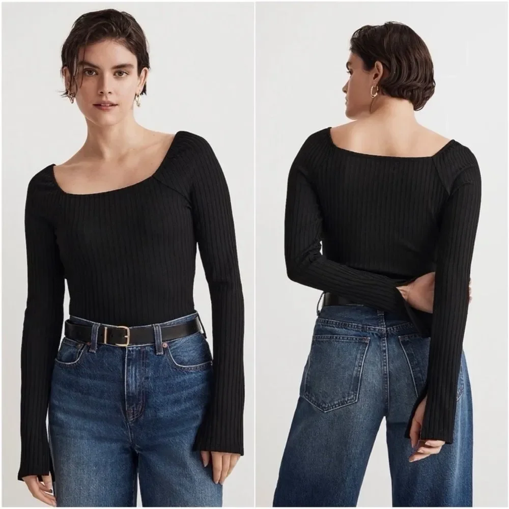 Madewell Black Ribbed Square-Neck Long-Sleeve Blouse Tee Size Small Date Night